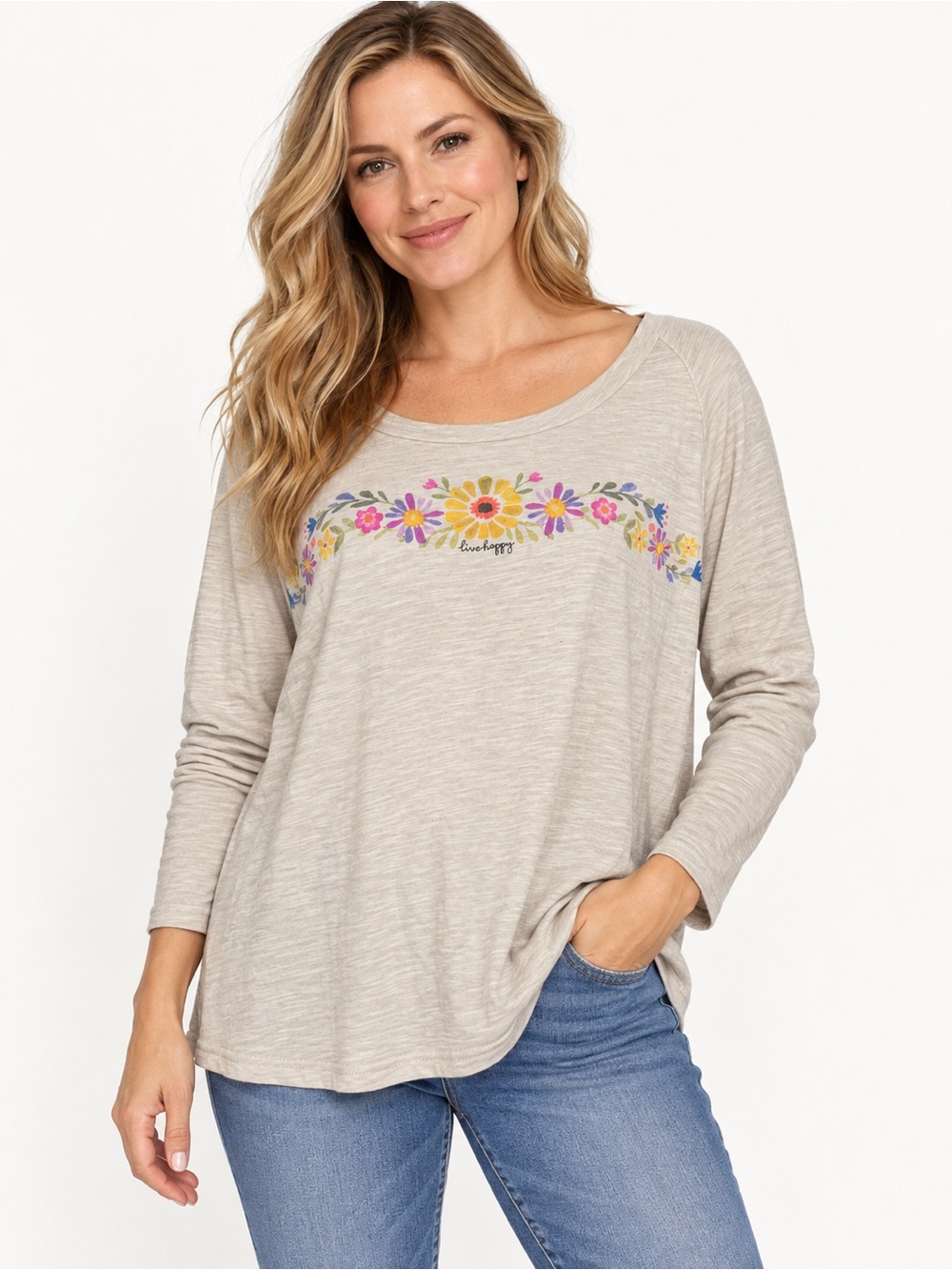 Natural Life T-Shirt Womens XL Ivory Long Sleeve Wave Floral Graphic Boho Hippie